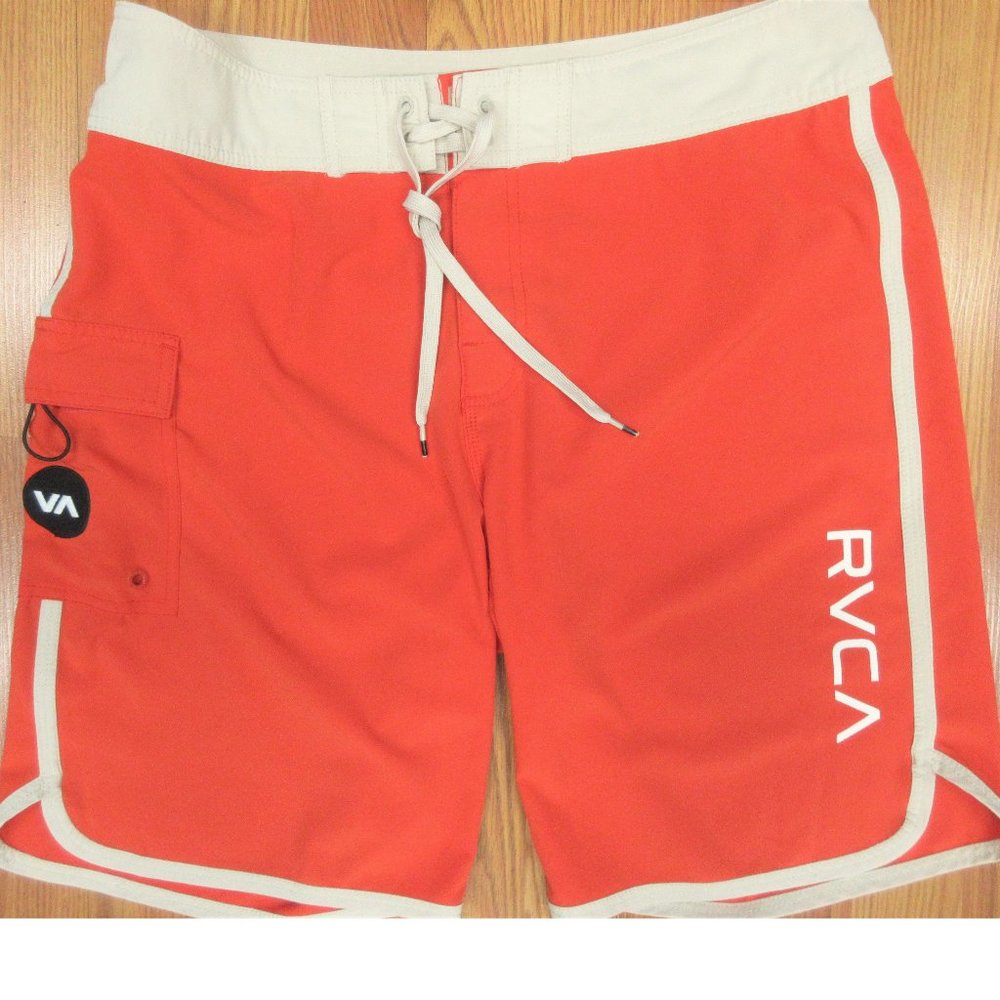 RVCA Mens UNLINED POLY/SPANDEX SWIM SHORTS RED-ORANGE & KHAKI Sz 34